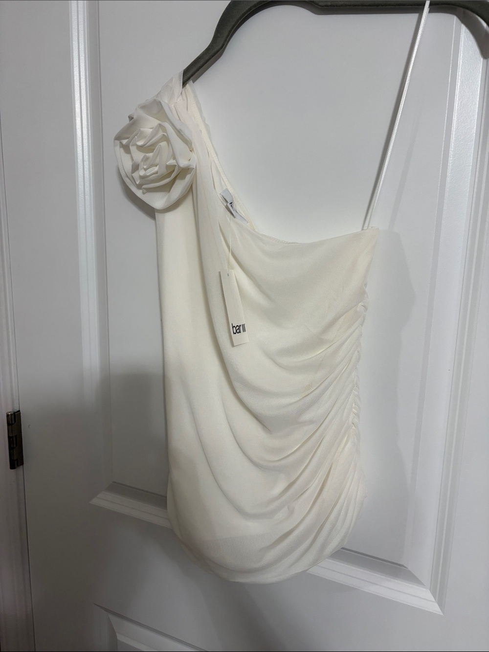 Bar III Ivory One-Shoulder Draped Top with Rosette